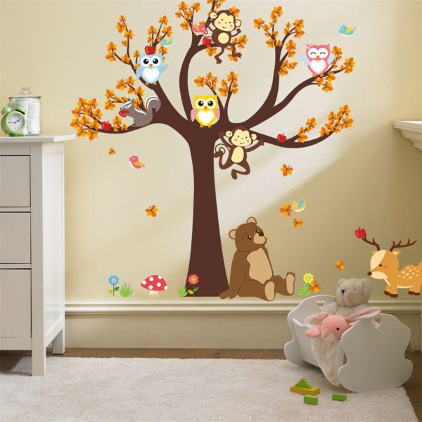 Söta djur Big Tree Avtagbar självhäftande väggdekal (30x90cmx2st), Art Barnrum Baby Barn Barnrumsdekoration