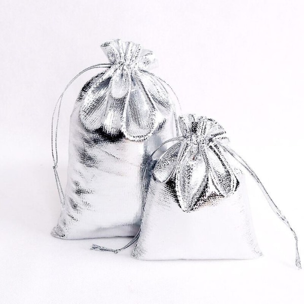 100 stk. Guld Sølv Organza Pose Smykkeemballage Pose Bryllupsfest Gavepose Slikposer Snøre Gaveposer Sliver 7x9cm