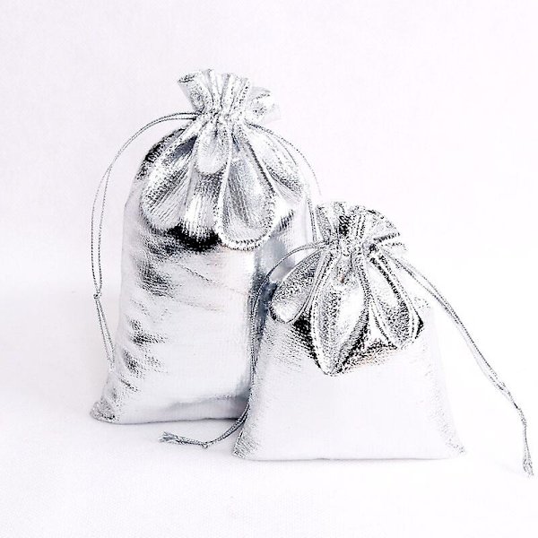 100 stk. Guld Sølv Organza Pose Smykkeemballage Pose Bryllupsfest Gavepose Slikposer Snøre Gaveposer Sliver 9x12cm