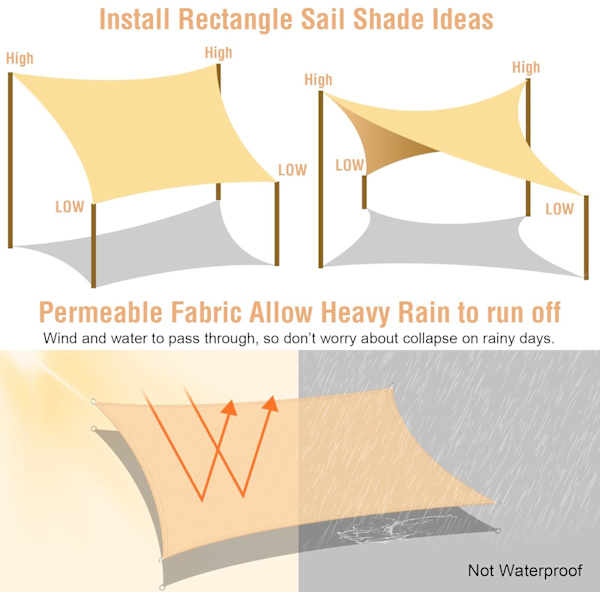 Solsejl Rektangulære solsejl 2x3m UV-beskyttelse 185g/m² HDPE til terrasse udendørs have balkon, sand