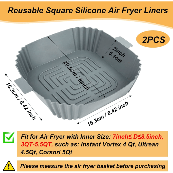 Square Air Fryer silikonliners, set med 2, 8 tums återanvändbara silikon Air Fryer brickfoder för 3 till 5,5 QT, Square Air Fryer tillbehör för Cosori, C