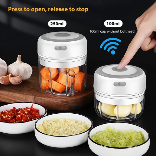 Elektrisk vitlökshackare USB-laddning Minihackare Elektrisk vitlökskross Mathackare 250ml 2 koppar 2 blad White