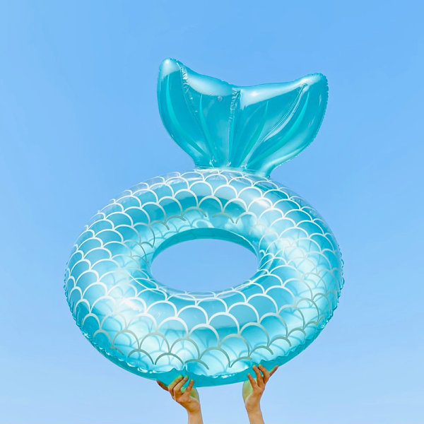 Vuxen sjöjungfru badring (blå, uppblåst ytterdiameter 110 cm), sjöjungfru pool flytande båt roliga vattenleksakstillbehör, exklusive pump
