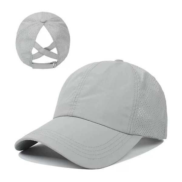 Dame Ponytail Baseball Cap, Justerbar Åndbar Kryds Mesh Hurtigtørrende Messy High Bun Ponycap Hat Light Grey