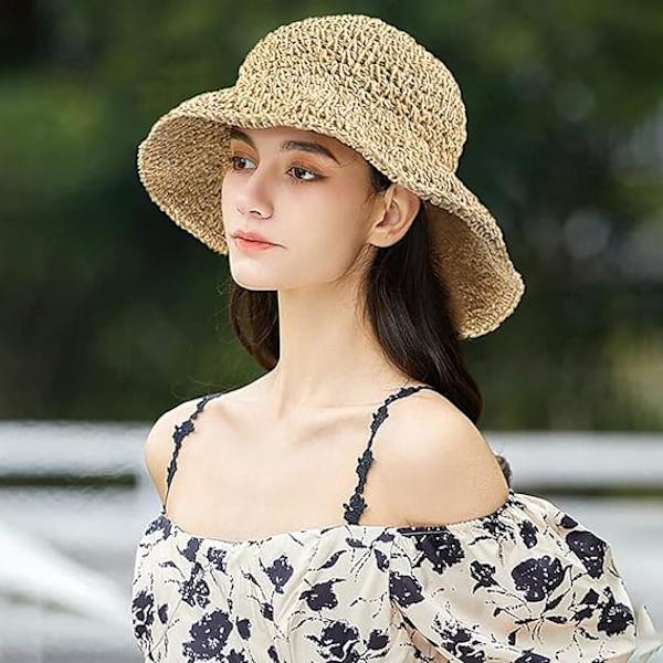 Dame bredskygget stråhat beige solhat foldbar blød hat bucket hat sommer strand solhat til kvinder