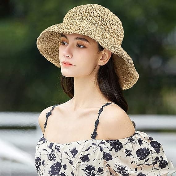 Kvinnors bredbrättade stråhatt beige solhatt hopfällbar mjuk hatt hinkhatt sommar strand solhatt för kvinnor