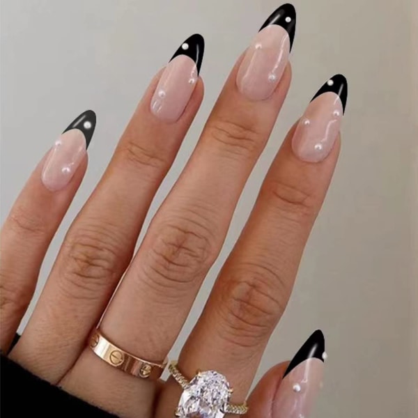 Mandel falska naglar Söta svarta tryck på naglar tips Franska korta lösnaglar Pearl Full Cover Stick on Nails för kvinnor och flickor 24st
