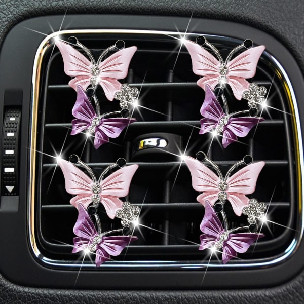 Car Air Fresheners Vent Clips för kvinnor, 4 st (Rosa) Söt Dual Butterfly Diamond Rhinestone Air Freshener Vent Clip Sparkly Bling Biltillbehör för
