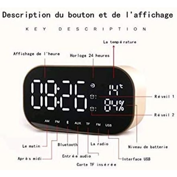 Spegels digital väckarklocka med Bluetooth-högtalare, upplyst väckarklocka med LED-display och väckarklocka för hemmakontor