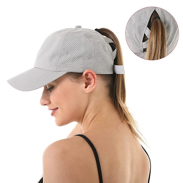 Dame Ponytail Baseball Cap, Justerbar Åndbar Kryds Mesh Hurtigtørrende Messy High Bun Ponycap Hat Light Grey