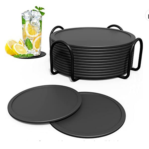 Sæt med 8 sorte silikone coasters 10cm - runde til et stort ølglas, kaffekrus, te kop og flaske - fest, hjem, kontor, osv.