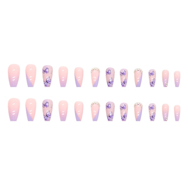 Kiste Kunstige Negler Lange Trykk på Negler Sommerfugl Gradient Falske Negler Akryl Full Dekning Bling Negletipper for Kvinner og Jenter 24 stk