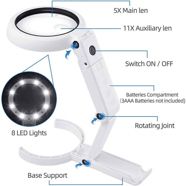En hvid opladningsmodel Lup med 8 LED-lys, 5X 11X Håndholdt og Foldbar Forstørrelsesglas & Belyst Bordmodel 2 i 1 Opgraderet Version til Seniorer
