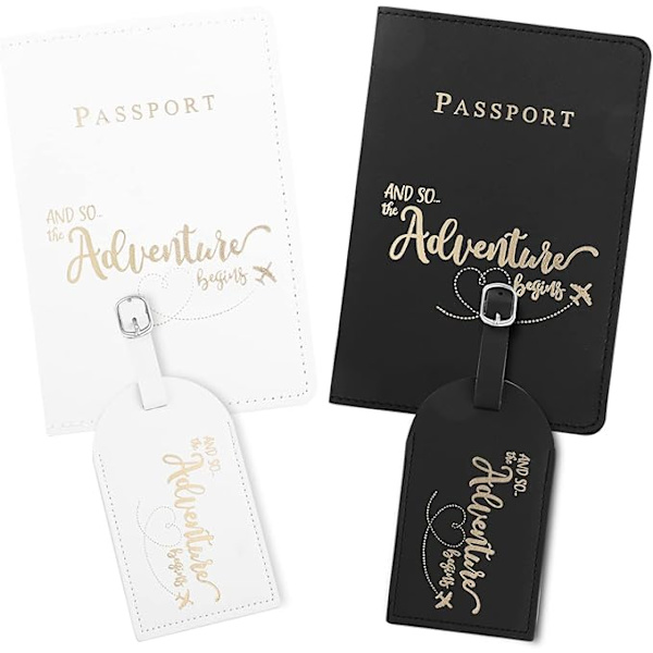 2 passetui og 2 bagasjelapper (svart og hvit), PU-skinn passetui reiselommebok pass kredittkort visittkort boardingkort eller