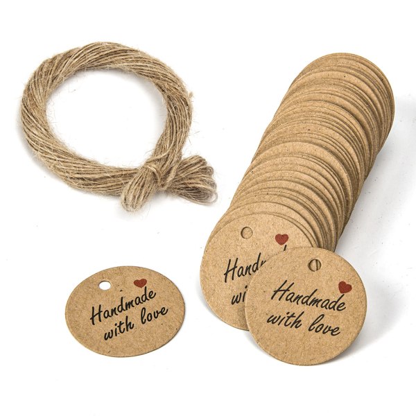100 st Kraftpapper Presentetiketter, 3cm \"Hand Made with Love\" Runda Papperetiketter, Hängande Bröllopsetiketter med 20M Snöre för Handgjorda Presenter