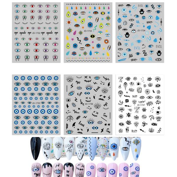 6 ark Självhäftande Turkisk Blå Öga Hamsa Hand Fatima Hand Tecknad Design Manikyr Tips Nageldekoration för Kvinnor Flickor Gåva