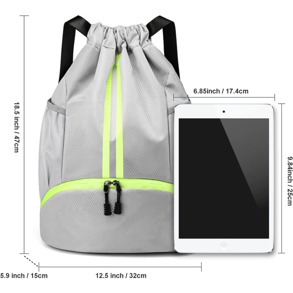 Ryggsäck med dragsko Sports Gym Säcksäck med sidofickor av mesh Skofack Vattentät strängväska för kvinnor män (grå)