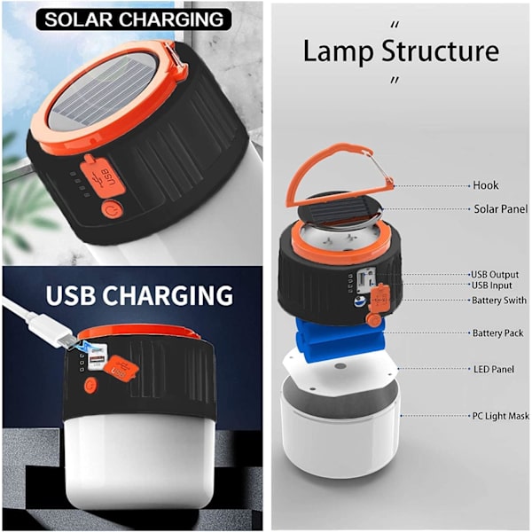 Solcellscampinglampa - USB-laddningsbar LED-campinglykta Säkerhetslampa för trädgård Vattentät, för nattfiske, jakt, läger svart