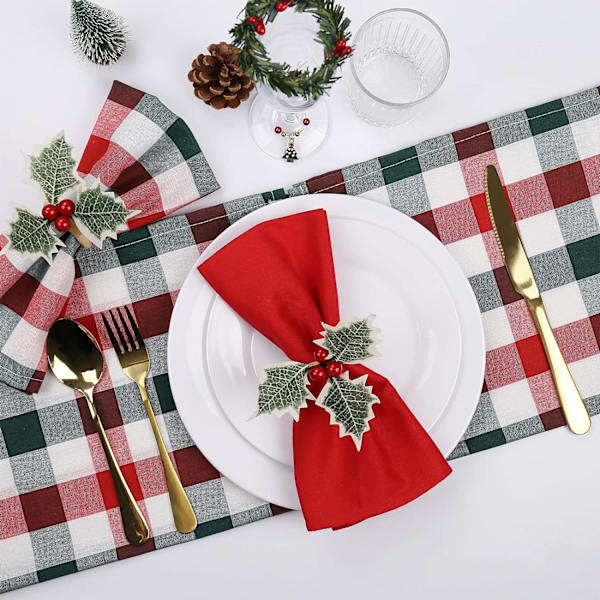 Julgransprydnad Servettringar Set om 6, Bondgårdsstil Holly Berry Servettringhållare, Handgjorda Rustika Servettspännen Hållare för Jul, Thanksgiving