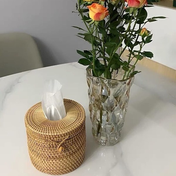 Rattan servettpappershållare, ansiktshandduksdispenser för hem, kontor, bil, hotell (15x14cm, naturlig)