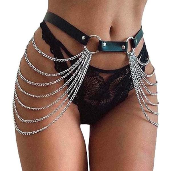 Punk Svart Midjekedja Bälte Läder Lager På Lager Mage Kroppskedjor Rave Kropps Smycken Accessoarer för Kvinnor och Flickor