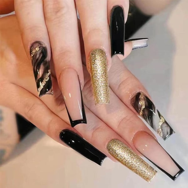 Svarta 24st falska långa naglar kista tryck på naglar naken virvla lösnaglar tips Cover akryl naglar för kvinnor och flickor