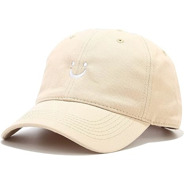 (Beige) Baseballkasket med smileys til kvinder og mænd, justerbar, lav profil, ustruktureret bomuldsfarhat