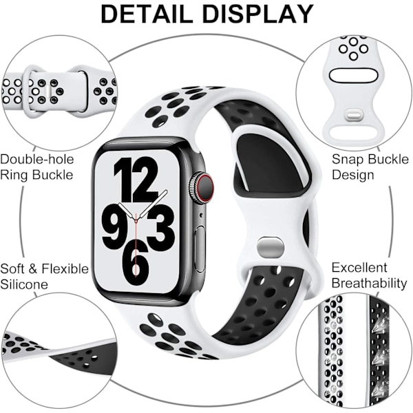 Valkoinen/Musta 2 kpl Urheiluranneke Yhteensopiva Apple Watch -rannekkeen kanssa 44mm 42mm 45mm, Hengittävä Silikoninen Kaksireikäinen Solkiranneke, iWatch Series 7 6 5 4 3