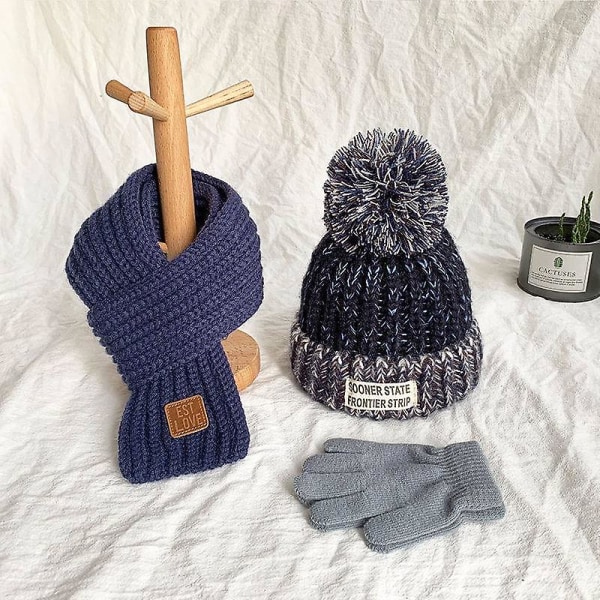 Barn Vinter Varma Mössa Halsduk Set Termisk Stickad Småbarn Enstaka Pompom Mössor Set För 4-12 År Gamla Beige