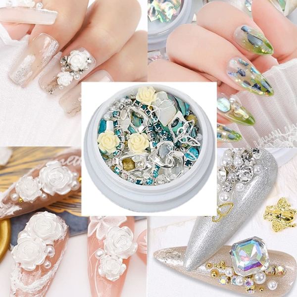 6 Lådor 3D Nagelkonst Strass Blandad Stil Nagelkonst Dekoration Nagelkonst Berlocker Rosblomma Metallnitar Nagelkedja Snäckskivor Diamanter Pärljuveler fo