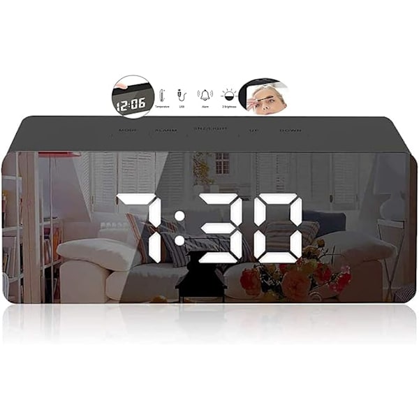 Luova digitaalinen peiliherätyskello (musta, 14*3.4*5.5cm), LED-yöpöytäkello lämpötilalla, torkkutoiminnolla, ääniohjattu meikkipeili säädettävällä b