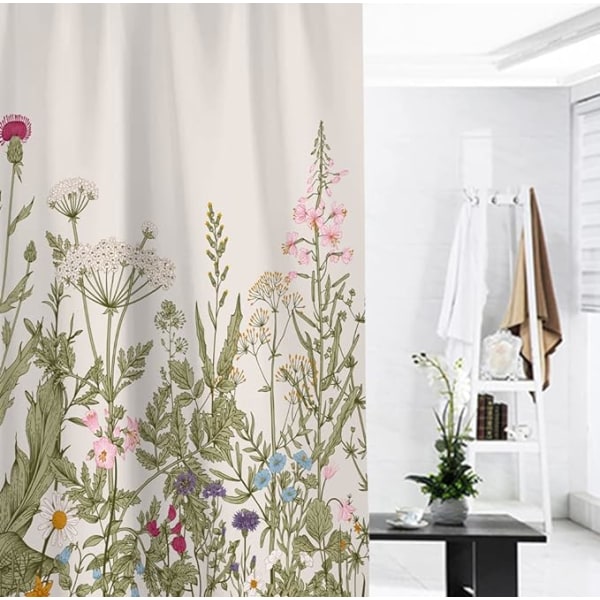 Duschdraperi med blommor (180 * 180 cm) vattentät och form tvättbar duschdraperi i badrummet, duschdraperi med retro blommönster