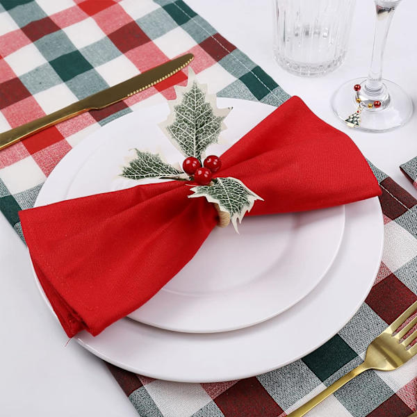 Julgransprydnad Servettringar Set om 6, Bondgårdsstil Holly Berry Servettringhållare, Handgjorda Rustika Servettspännen Hållare för Jul, Thanksgiving