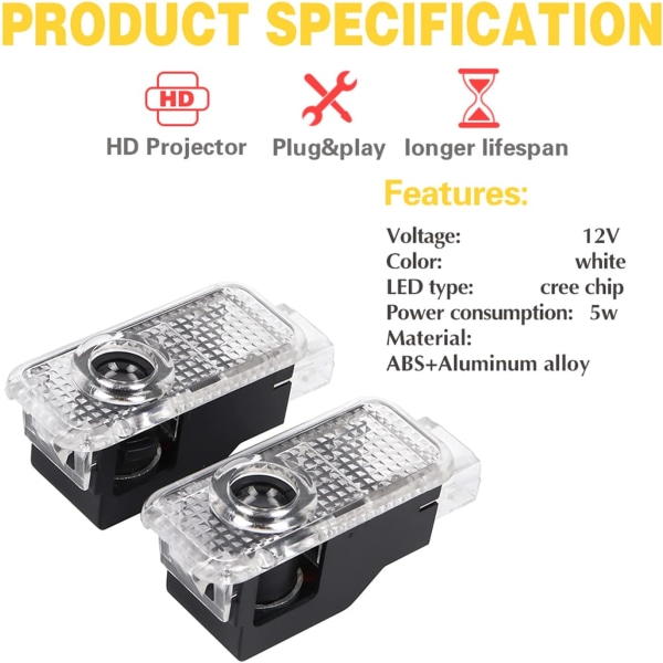 2 st LED-bilprojektorlampa, bildörrs välkomstlampa, bil LED-välkomstlogotyp kompatibel med A3 A4 A5 A6 A7 S3 S4 S5 S6 S7 Q5 Q7 TT