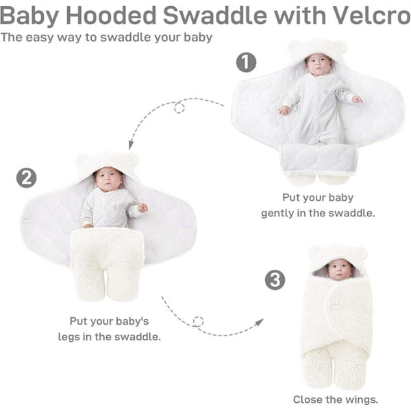 Unisex Baby Swaddle Filt, Baby Nest Sovsäck, Hooded Swaddle Sovsäck för Födelse-Vit-S(0-3 Månader)