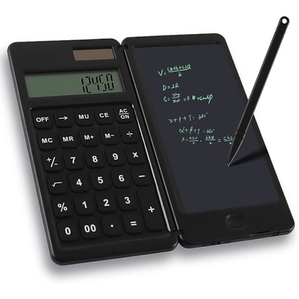 Lille lommeregner med skrivetavle og sletbar LCD pen 6\", mini bærbar lommeregner 10 cifre, solcelle og dobbelt strømbatteri, sammenklappelig lommeregner til
