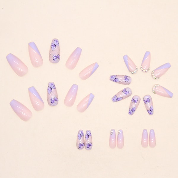 24 bitar av tarofjäril (typ lim) Fake Nails，French Ballerina Akryl False Nail Set för kvinnor och flickor Nageltips