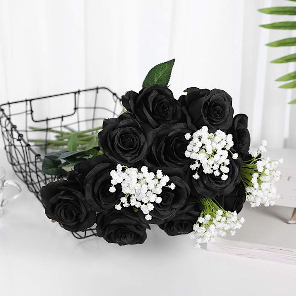 Kunstige Rose Silke Blomster Buket Hjemmekontor Bryllupsarrangementer Sort 10 STK
