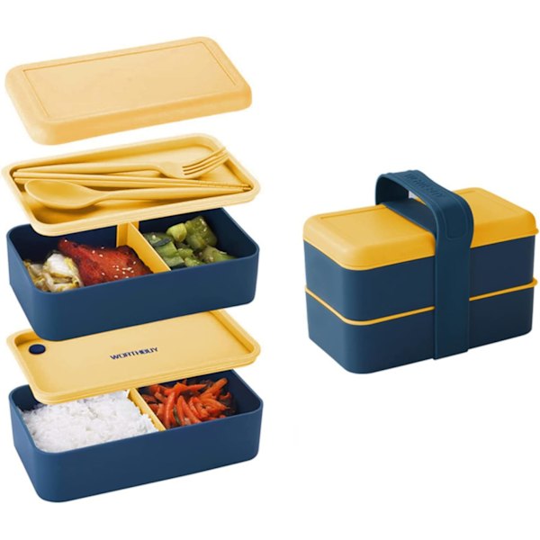 Bento lunchlåda, 1400 ml dubbelskikts matlåda med bestick, mikrovågsugnslåda, lunchlåda med 2 fack, picknicklåda för barn och vuxna