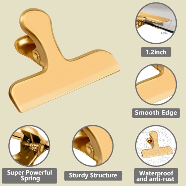Guld Chip Clips, 8 Pak Rustfri Stål Chip Clips, Chip Clips Pose Clips Mad Clips, Pose Clips til Mad, Clips til Madpakker, Chip Pose Clips - Lufttæt