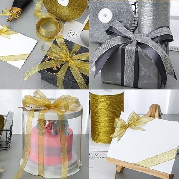 2 rullar med 25 storlekar breda glittrande band 2 cm guld, silverband Guld band Julband Dekorativa band för presentförpackning, gör rosetter en