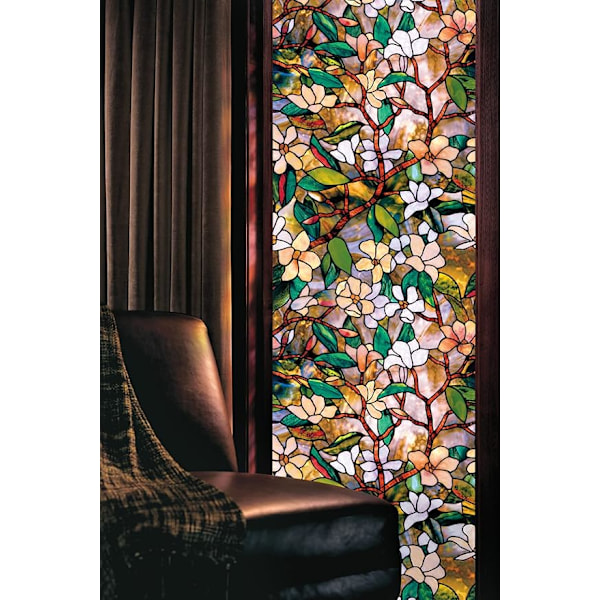 PVC Magnolia statisk fönsterdekal (45*100cm), limfri fönsterfilm, avtagbar fönsterblomma i glas, badrumskök anti-speglande integritet