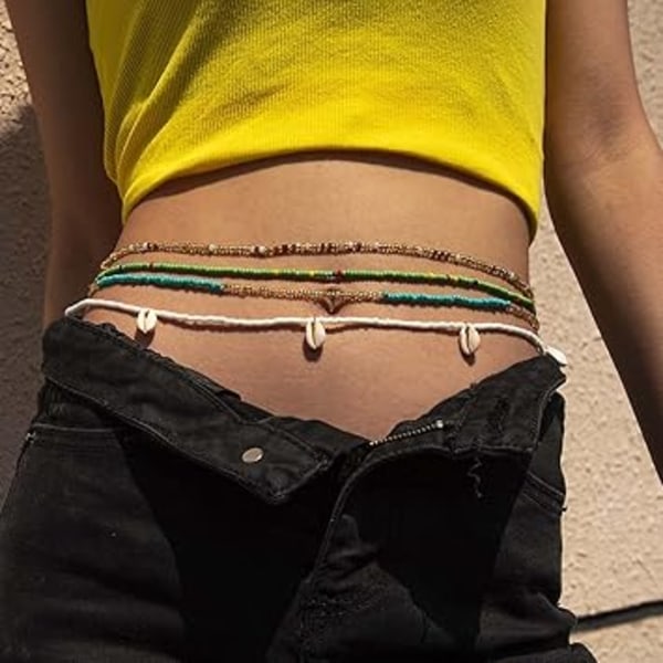 Set med 4 Boho-kroppskedjor med vita pärlor, strandaccessoarer, kroppssmycken för kvinnor och flickor