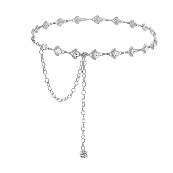 Metallkedjebälte (silver), enkelradig kristallbesatt diamantkroppskedja, damkedja, långt klänningsbälte, kristallbälte, brett vattendiamantbälte för dam