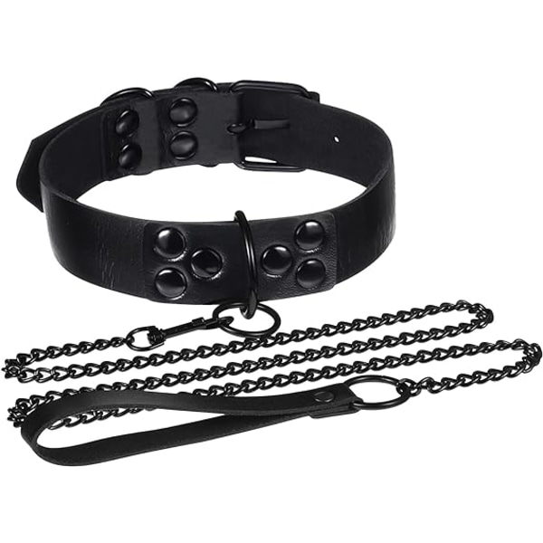 Svart PU-skinn punk choke+trekktau, sexy gotisk choke-belte med skinn, justerbart svart halsbånd, med trekkjede