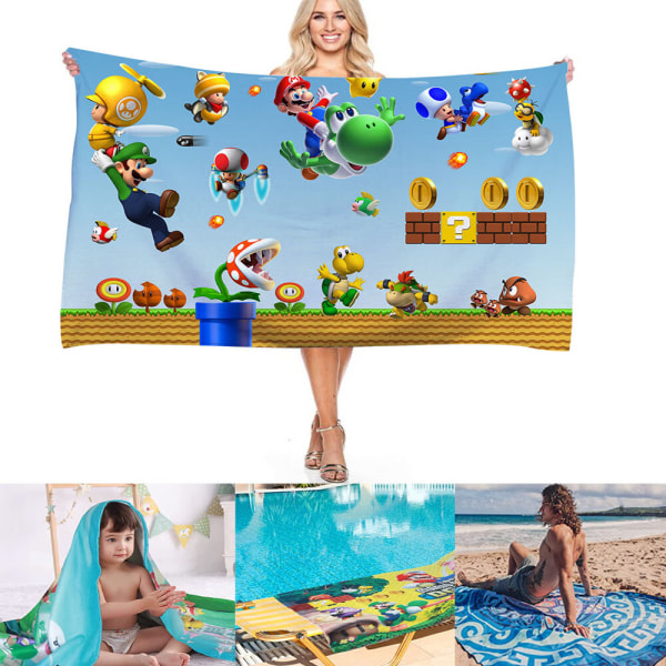 En bit (1,75*150cm) Strandhandduk Super Mario Bros 3D-tryck för Barn Poolhandduk Barnens Badlakan Ultra Mjuk Superabsorberande Hållbarhet Strand Sa