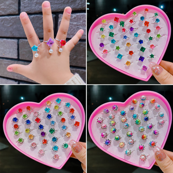 36 st (Rhinestone modell) Justerbara ringar för små flickor i ask, Barn Smyckesringar Set med Hjärta Form Displayfodral, Låtsaslek för Flickor och Dr