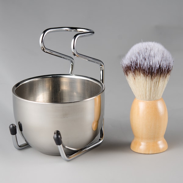 Barbersett for menn i rustfritt stål, barberkost med trehåndtak