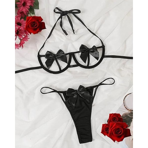 Sött set med urringad bh och trosor med rosett för dam (svart), sexigt underklädesset justerbar snörning Teddy underkläder stygga pyjamas jul Alla hjärtans dag