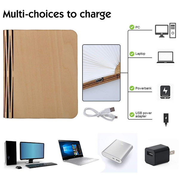 Mini træboglampe, mini foldbar LED-boglampe, magnetisk USB genopladeligt lithiumbatteri til belysning af rumdekoration, bogformet lampe, roman
